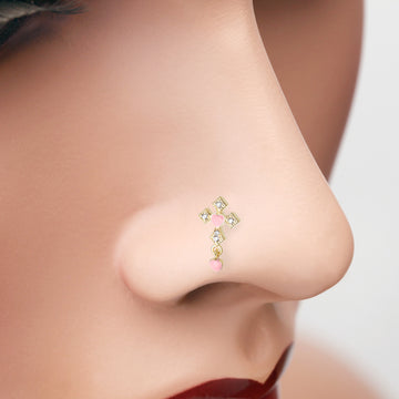 Detail View 1 of Golden Cross Sparkle Baby Heart Dangle L-Shaped Nose Ring-Clear Gem/Pink